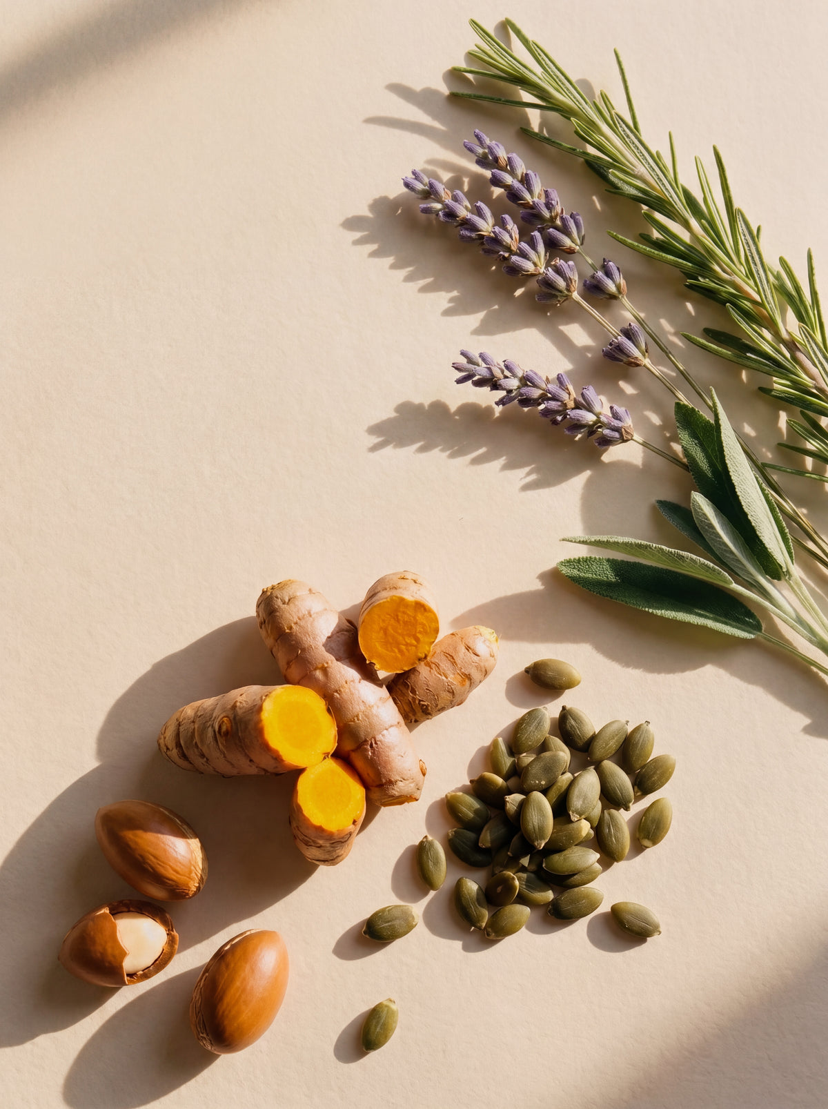 Growth & Strengthen Hair Oil key ingredients: turmeric, argan, pumpkin seed, rosemary and lavender