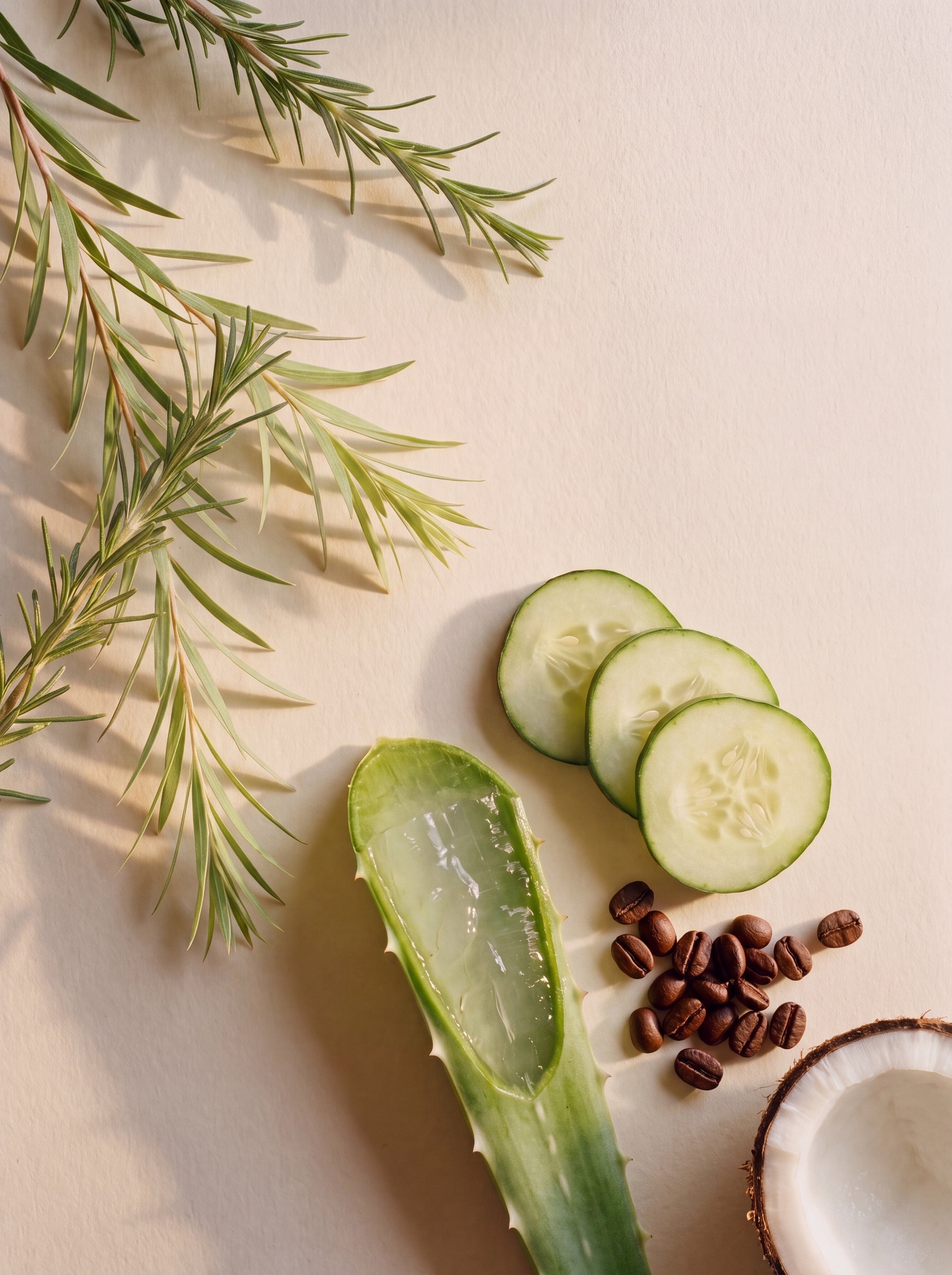 Nourish & Strengthen Shampoo key ingredients: aloe vera, cucumber, coffee, tea tree and rosemary