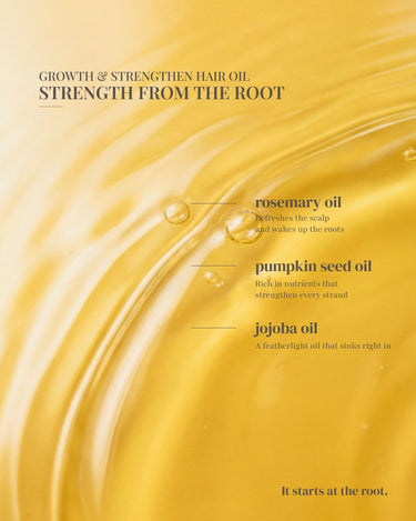 Growth & Strengthen Hair Oil ingredients: rosemary oil, pumpkin seed oil, and jojoba oil shown in the oil texture