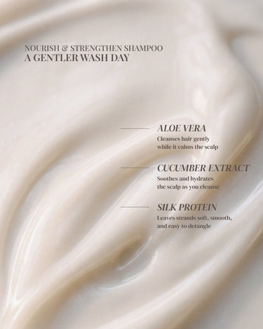 Nourish & Strengthen Shampoo ingredients: aloe vera, cucumber extract, and silk protein shown on the formula texture