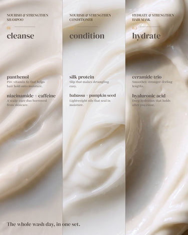 The Wash Day Trio in three steps: cleanse with the shampoo, condition, then hydrate with the weekly hair mask, with key ingredients per step